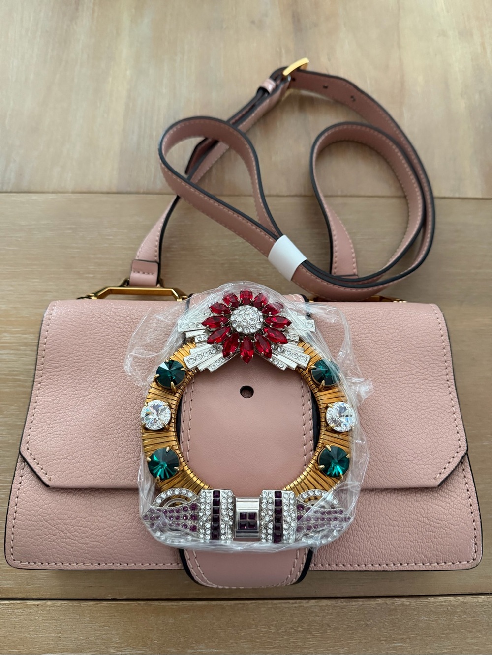 Authentic Miu Miu 235 Lady Madras Blush Pink Lambskin Leather Crossbody